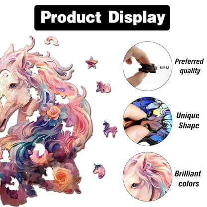 Wooden Jigsaw Puzzles for Adults, Unicorn Jigsaw Puzzles 165 Pieces, Unique Animal Shaped Wooden Puzzles for Adults and Kids, Family Game 11.1x9.58 Inch