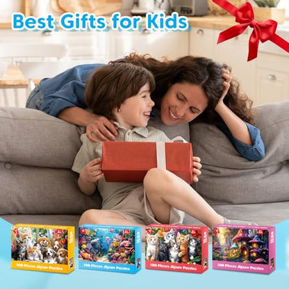 4 Packs 100 Piece Puzzles for Kids Ages 4-6 6-8 8-10, Cats Dogs Sea World Mushroom Large Piece Puzzle for Seniors 100 Pieces Adults Jigsaw Puzzle Learning Educational Xmas Toys for Boys and Girls - style: Cats Dogs Sea World