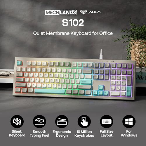 MechLands Aula S102 Membrane Gaming Keyboard with Number Pad, 100% Full Size Layout, USB-C Wired, RGB Backlit, Creamy Silicone Structure, Silent Keyboard for PC Game/Office (Grey) - color: Grey