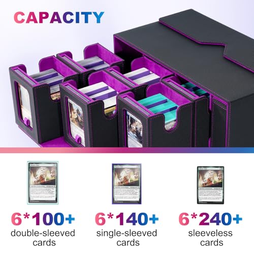 UAONO MTG Commander Deck Box, 6-Deck Modular TCG Deck Case with Dice Tray | Hold 600+ Double-sleeved Cards, Modular Card Deck Box with 35PT Magnetic Card Holder for Magic the Gathering Black Purple - color: Black Purple