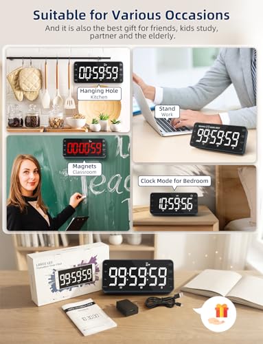 Large 7.8" Digital Timer with LED Display, Magnetic for Kitchen & Classroom | USB-C Rechargeable Timer with 99-Hour Count Up & Countdown, 3 Brightness Levels, 5 Alarm Sounds, 4 Volume Levels for Study - color: Navy Blue