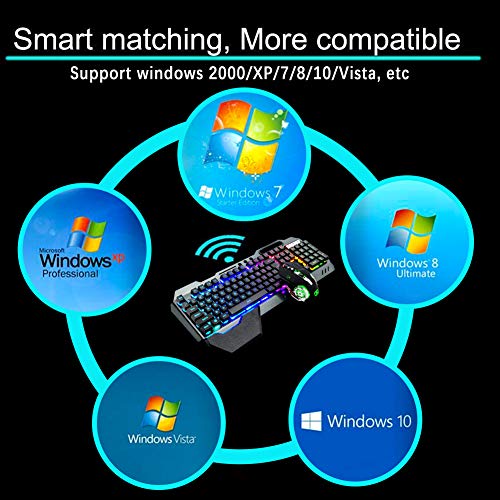 Wireless Gaming Keyboard and Mouse,RGB Backlit Rechargeable Keyboard Mouse with 5000mAh Battery Metal Panel,Removable Hand Rest Mechanical Feel Keyboard and 7 Color Gaming Mute Mouse for PC Gamer - color: Black RGB