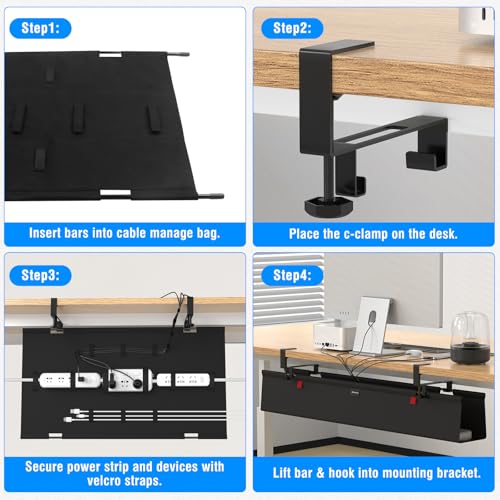 No Drill Under Desk Cable Management Tray, 48" Cord Management Tray with Cable Loop, Upgraded Oxford Fabric Wire Management for Standing Desk - No Damage to Table - size: 48 inch