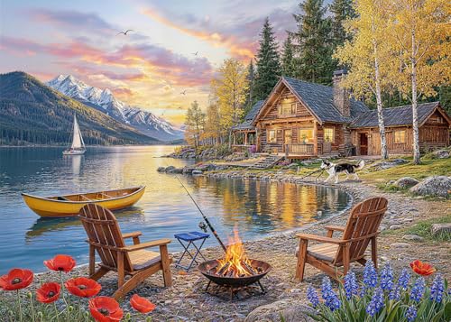 Sunset Lake Cabin Puzzles for Adults 1000 Pieces,Landscape Puzzles | Letter Clues,HD Poster,Impossible Puzzle,Family Game Night,Home Decor Gift,27.5 x 19.6 in - color: Sunset Lake Cabin
