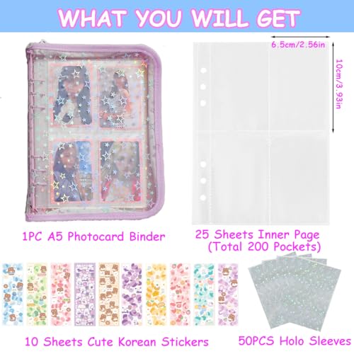 Kpop Photocard Binder with 6 Stickers Sheet & 50 Shinning Protective Sleeves Kpop Photocard Holder Book with Kpop Photocard, A5 Binder Photocard Album 30 Inner Pages with 240 Pockets (Lightpurple) - color: Lightpurple