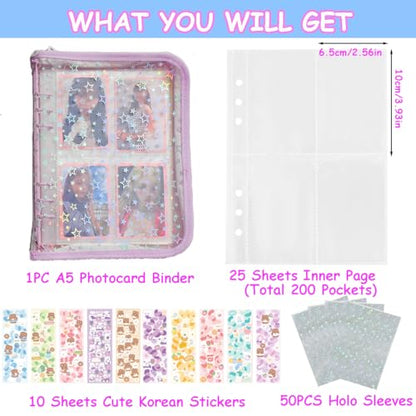 Kpop Photocard Binder with 6 Stickers Sheet & 50 Shinning Protective Sleeves Kpop Photocard Holder Book with Kpop Photocard, A5 Binder Photocard Album 30 Inner Pages with 240 Pockets (Lightpurple) - color: Lightpurple