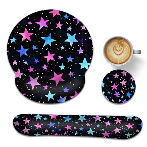 Wrist Rest Mouse Pad and Keyboard Support Set,Pink Stars 3 in 1 Ergonomic Memory Foam Mousepad with Non Slip Base, Gaming Mouse Pad for Office and Home - color: Pink Stars