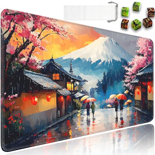 for MTG Game Playmat - 24 x 14 inches with Dices and Storage Bags, Non-Slip Base for TCG and Board Game Card Mats, Trading Card Games Mat, Rainy Cherry Blossom Pathway Collectible Card Playmats - color: Jv-playmat-p7-1-h220