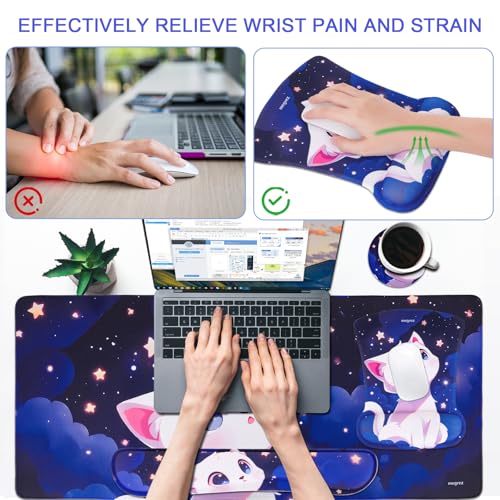 MEGREZ 4-in-1 Mouse Pad with Wrist Rest Ergonomic Memory Foam Desk Mat Set | ergonomic, anti-slip base, 4pcs set, desk pad, mouse wrist rest, keyboard rest, coaster, ideal for office & gaming - color: Blue Purple
