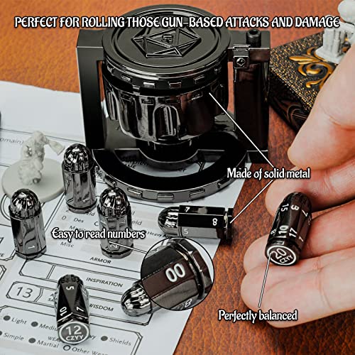 CZYY Metal Polyhedral Bullet Dice Set with Spinning Revolver Cylinder Case | Complete 7-Dice Set, Solid Metal, RPG Fidget Tool, Accessories for DND, Sci-Fi, Western & Tabletop Game Themes, Black - color: Black