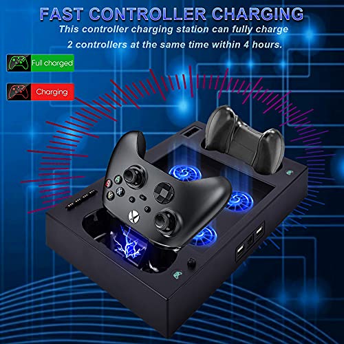Megadream XOX Series X Stand with Fan, Dual Controller Charging Dock Station with 4 Cooling Fan, 1 Headphone Holder, 2 Pack 1400mAh Rechargeable Batteries for XOX Series X Console, Black