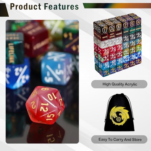 MTG Counter Dice Set, 90 Pieces Marble Color D6 Cube Dice -1/+1 Life Counter and Shield Counter Dice for Magic The Gathering,TCG,Cards Gaming Accessories with Dragon Bag