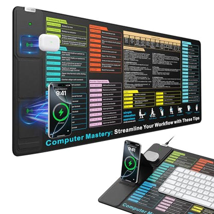 Wireless Charging Mouse Pad with Foldable Phone Holder, 31.5"x15.8" in | XXL Excel Cheat Sheet Desk Mat for Laptop/Keyboard, Waterproof Ultra-Smooth Surface, Non-Slip Base - color: Black Excel-Phone Holder-31.5"x15.8"