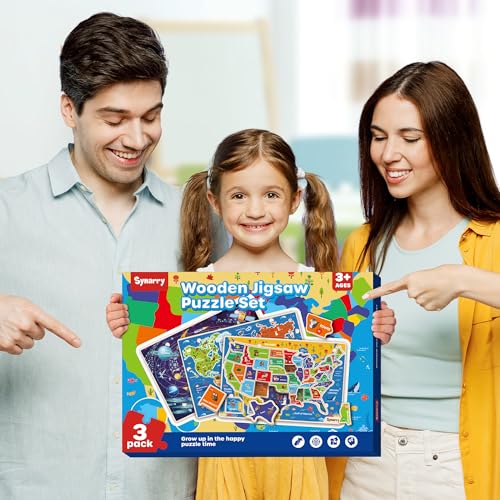 SYNARRY Large USA World Solar System Wooden Puzzles for Kids Ages 4-6, Wood Jigsaw Puzzles Educational Games Toys Gifts for Toddlers, Learning United States World Space Maps for Boys Girls Ages 3-8 - style: USA World Solar System