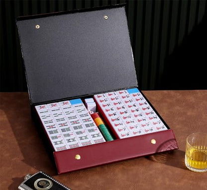 Mose Cafolo Chinese Mahjong Game Set 1.5" X-Large 144 Numbered White Blue Melamine Tiles with Carrying Travel Case,Complete Majong Majiang, Mah Jonng Game Set - color: Blue Tiles