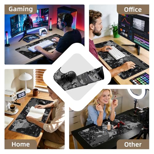 Galdas Mouse Pad for Gaming,XXL XL Large Mouse Mat Long Extended Mousepad Desk Mat Non-Slip Rubber Mice Pads Stitched Edges Thin (31.5 x 11.8 x 0.12 Inches),World Map Background - color: Black World Map