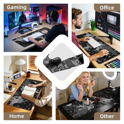 Galdas Mouse Pad for Gaming,XXL XL Large Mouse Mat Long Extended Mousepad Desk Mat Non-Slip Rubber Mice Pads Stitched Edges Thin (31.5 x 11.8 x 0.12 Inches),World Map Background - color: Black World Map
