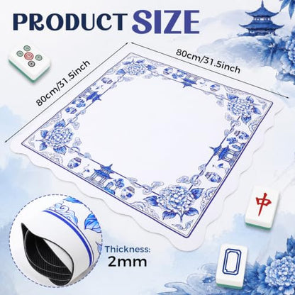 Blue and White Chinoiserie Floral Mahjong Mat 31.5" x 31.5" | Non-slip, Noise Reduction, Gaming Mat with Carrying Bag, Mahjong Table Cover for Poker Board Card Games Dominoes - style: Blue and White