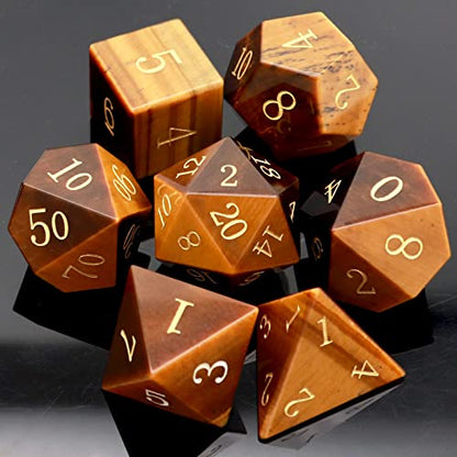 Haxtec Tiger's Eye Gemstone DND Dice Set Natural Stone Polyhedral Dice W/Premium Dice Case Compatible with Dungeons and Dragons Role Playing Board Games D&D Gift - color: Brown Gold