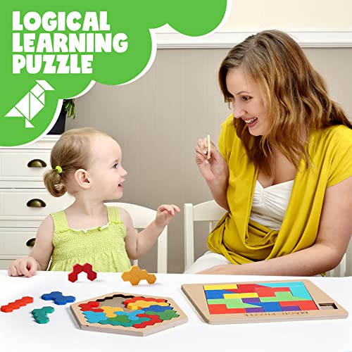 Yunsailing 3 Pack Large Wooden Blocks Puzzles Hexagon Tangram Puzzle Wooden Russian Brain Puzzles for Adult Challenge Teasers Geometric Jigsaw Logic Iq STEM Educational Gift Graduation(Fancy) - style: Fancy