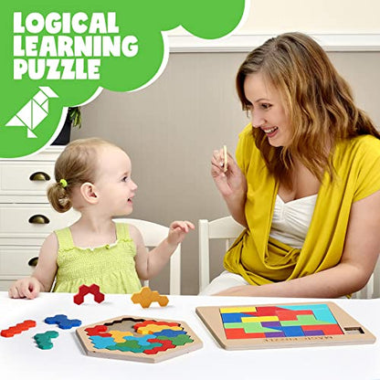 Yunsailing 3 Pack Large Wooden Blocks Puzzles Hexagon Tangram Puzzle Wooden Russian Brain Puzzles for Adult Challenge Teasers Geometric Jigsaw Logic Iq STEM Educational Gift Graduation(Fancy) - style: Fancy