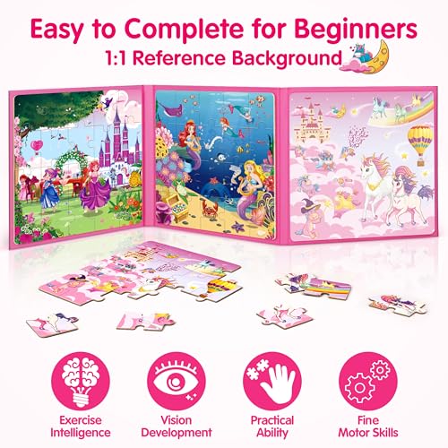 SYNARRY Unicorn Mermaid Princess Magnetic Puzzles for Kids 3-5, Travel Toys | 20-Piece Magnetic Travel Puzzle for Kids Ages 4-6, Car Airplane Road Trip Activities, Quiet Time Toys, Girls Birthday Gifts - style: Princess Mermaid Unicorn