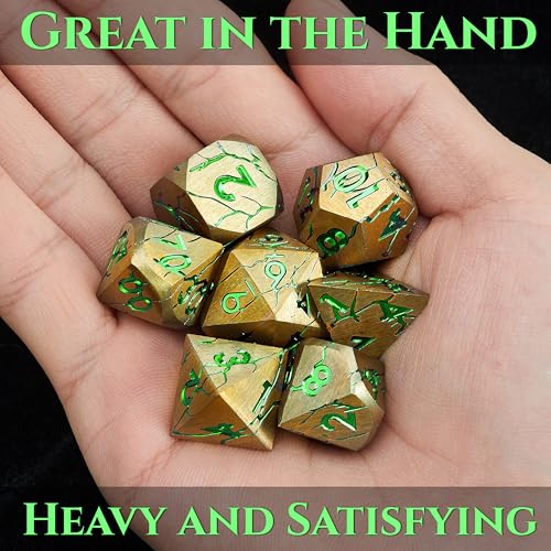 Metal Dice for DND - Ancient Cracked Pharaoh Ruins - Gold Green Cracks | Beautiful 7pc Polyhedral Dice Set, Smooth Rolling, Role Playing Games (RPG), Compatible with D&D, for Dungeons and Dragons - color: Gold and Green Cracks