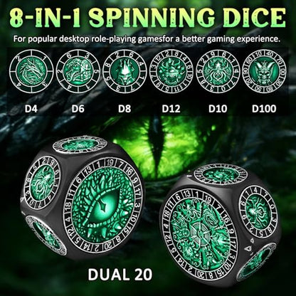 ZHOORQI 8-in-1 DND Dice Set – Metal Spinner Dice with Dual D20, 3D Monster Engravings & Smooth Spinning – Perfect for TTRPG, D and D Dungeons and Dragons Gifts(Black Dice- Green) - color: Black Green