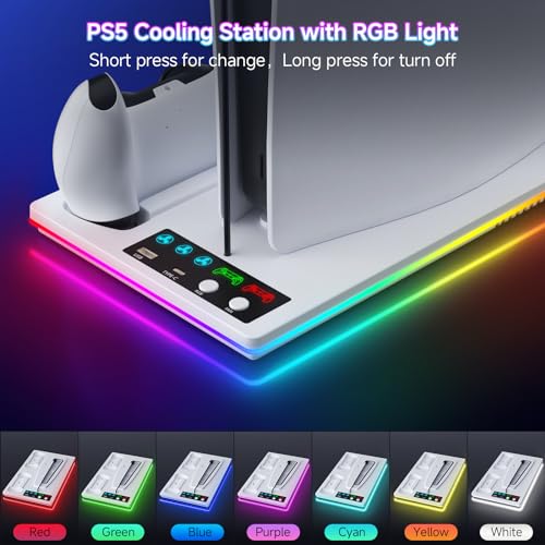 PS 5 Cooling Station Stand RGB with Dual Controller Charging Station for PS 5 Console, PS 5 Accessories Incl. Controller Charger, Cooling Fan, Headset Holder, 3 USB Hub - color: RGB-white