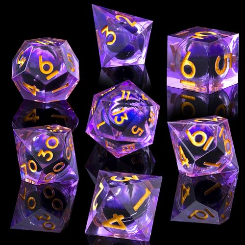 Beholder's Dragon Eye DND Dice Set, 7pcs Liquid Core Dice with Gift Box, Handmade Sharp Edge Resin Dice for Role Playing Dungeons and Dragons Ttrpg(Purple Dragon Eye) - color: Purple Dragon Eye