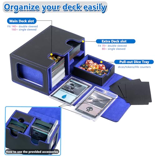 MTG Deck Box for Commander with Dice Tray,Designed for MTG Commander | Card Deck Box Fits 200+ Double Sleeved Cards,Card Storage Box with 3 Dividers 2 card holder - color: Blue