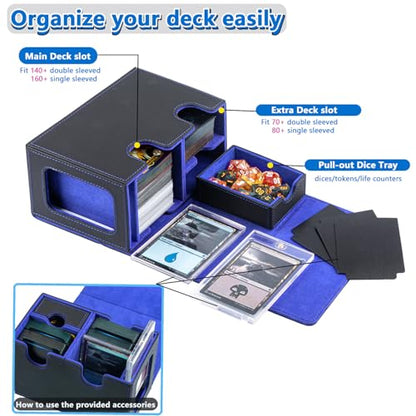 MTG Deck Box for Commander with Dice Tray,Designed for MTG Commander | Card Deck Box Fits 200+ Double Sleeved Cards,Card Storage Box with 3 Dividers 2 card holder - color: Blue