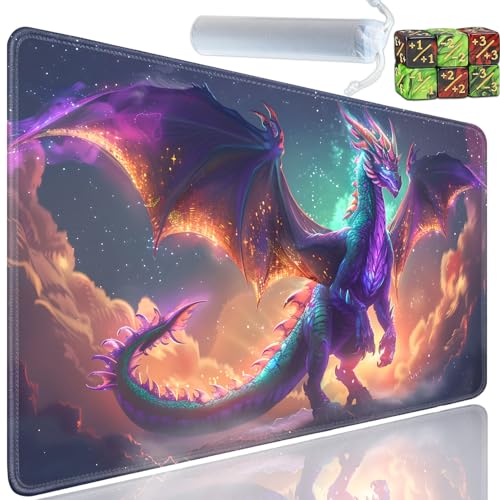 Playmat for MTG, 24x14 Inches Playmats, for TCG and CCG Trading Card Game Mat, Non-Slip Rubber for MTG Playmats with A Storage Bag and 6 Dice Set, Colorful Dragon Pattern - color: Yu-Playmat-1-C78