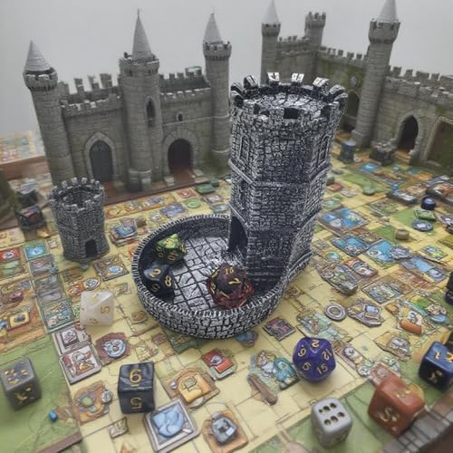 Tower Castle Retro DND Dice Rolling Tower Dice Tower Dungeons and Dragons Dice Jail D&D Accessories (Random 7PCS D20 Dice Set Included) Silver