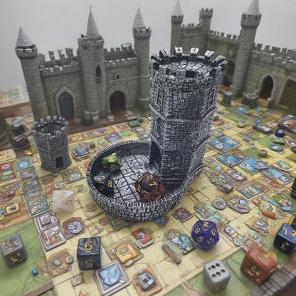 Tower Castle Retro DND Dice Rolling Tower Dice Tower Dungeons and Dragons Dice Jail D&D Accessories (Random 7PCS D20 Dice Set Included) Silver