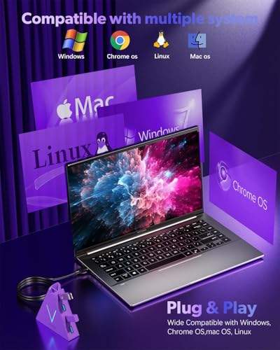 4-Port USB 3.0 Hub, FlyingVHUB USB Hub Tower with 2 ft Extended Cable,USB Splitter for Laptop,PC,PS4,PS5,Xbox,Mouse,Keyboard, Flash Drive,U-Disk (Dark Purple) - color: Purple-A