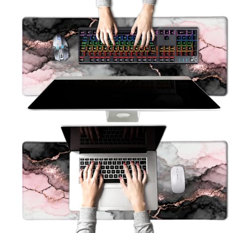 Large Mouse Pad, Desk Mat Computer Keyboard Pad Non-Slip Rubber Base Waterproof with Stitched Edges for Laptop Gaming, Office & Home 31.5 x 11.8 Inch (Pink Golden Marble) - color: Pink Golden Marble