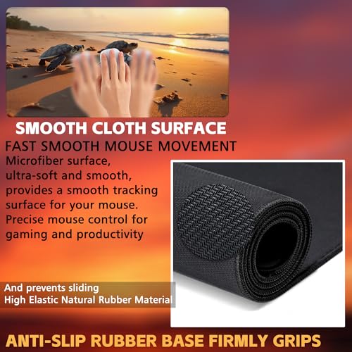Large Gaming Mouse Pad for Desk, Baby Turtles On Beach Desk Mat, Cute Sea Turtle Desk Pad, 31.5"x15.7" Extended Big Computer Keyboard Mouse Pad with Non-Slip Base and Stitched Edge - color: Baby Turtles on Beach