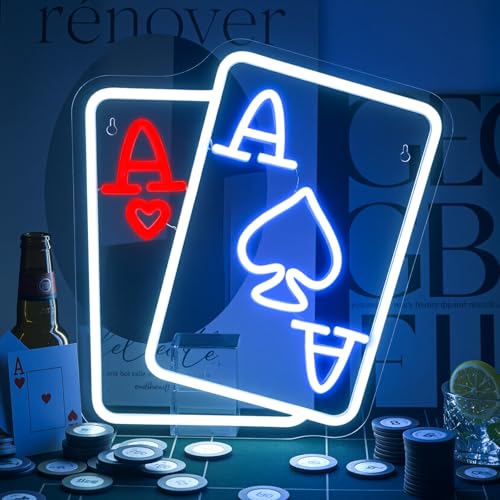 Playing Cards Neon Sign Poker Neon Signs for Wall Decor Led Neon Light Blue Red Texas Hold 'em Double A Sign for Bedroom Casino Party Bar Play Room Decor - color: Colorful-E-Poker AA-1