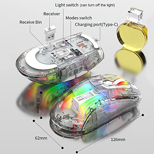 Bluetooth Wireless Mouse, Transparent RGB Mechanical Dual Mode Gaming Mouse, A Must-Have Cool USB Computer Mouse for Gaming and Esports - color: White