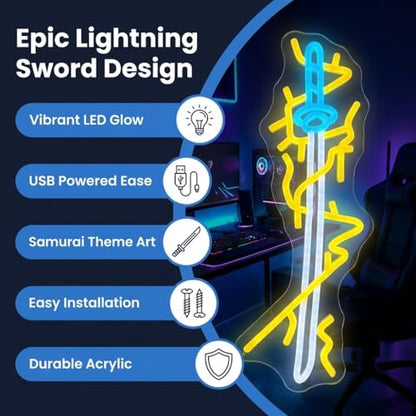 Anime Style Lightning Sword Neon Sign - Yellow & Blue LED Wall Art, USB Powered Dimmable Graffiti Light with 6-Level Brightness, Acrylic Backboard Hanging Lamp for Gaming Room, Bedroom, Man Cave (16.5 x 6.3 Inch) - color: YELLOW