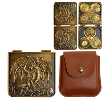 Metal DND Dice Set 7-in-1 D4-D20 3D Dragon Case Leather Bag Golden | 7 in 1 metal polyhedral dice. D4-D20 dnd spinner. 3D dragon case. Leather storage bag. Zinc alloy. DND RPG TTRPG gift. - color: Retro Golden