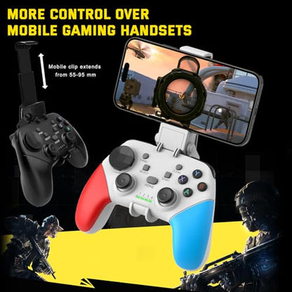 Joso Wireless Mobile Gaming Controller for iPhone, Android, iPad, Tablet, PC, Phone Controller with Phone Clip Supports Cloud Game, COD Mobile, Genshin Immpact, Remote Player Gamepad - color: White+Blue+Red