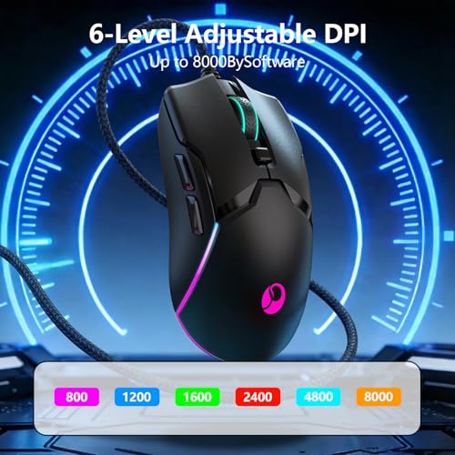 Wired Gaming Mouse,Ergonomic 8000 DPI Optical Gaming Mice with 12 RGB Backlit Modes, 6 Programmable Buttons, DIY Software for PC Gamer & Office