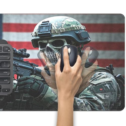 American Flag Skull Soldier Large Gaming Mouse Pad, 27.5x11.8in Tactical Military Extended Desk Mat with Stitched Edges, Non-Slip Waterproof Rubber Base for Office, Computer & Laptop - color: Usa Skeleton Warrior