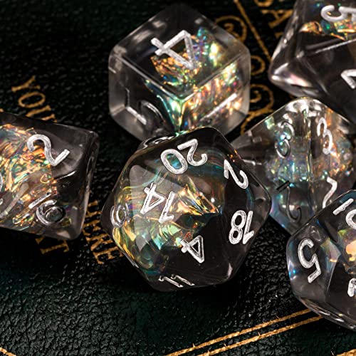 UDIXI DND Dice Set Resin Polyhedral Dice Set Iridescent Inclusion for D&D | Velvet Storage Bag, Grey, DM Gift, for Dungeons and Dragons Role Playing Games Board Games - color: Grey