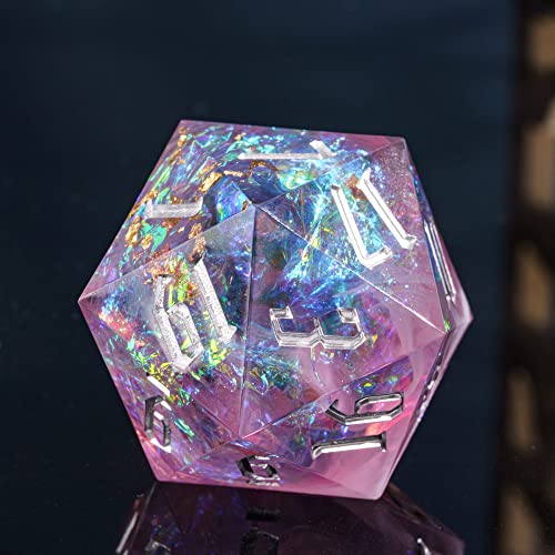 Cusdie Single D20 DND Dice with Sharp Edges and Glitter Foil Inclusions, 20 Sided D&D Dice, 33mm Handcrafted Polyhedral Dice, for Role Playing Game (Purple/Silver Font) - color: Purple
