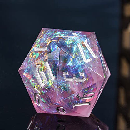 Cusdie Single D20 DND Dice with Sharp Edges and Glitter Foil Inclusions, 20 Sided D&D Dice, 33mm Handcrafted Polyhedral Dice, for Role Playing Game (Purple/Silver Font) - color: Purple