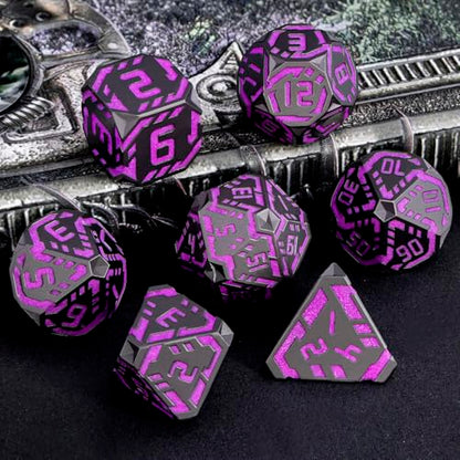 Metal DND Sci-fi Dice Set 7PCS Luminous Purple Stripe Polyhedral Dice for Dungeons Dragons RPG Role Playing Game, Glitter D and D Dice with Gift Box D6 D8 D10 D12 D20 - color: Nightlight - Purple