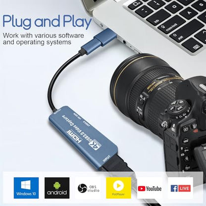 4K Capture Card HDMI to USB A/C Video Capture Recording Device | with USB 3.0 & 100W PD Port for Quest 3, PS5/4, Switch 2/1, Camera, Xbox, Tablet, PC, OBS, MacOS/Windows, Plug & Play
